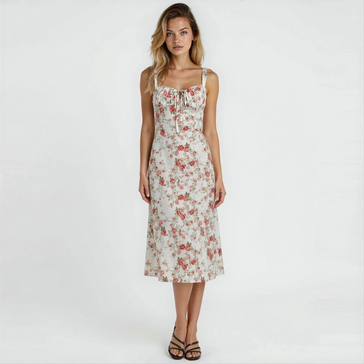 Floral Sweetheart Neck Tie Front High Split Midi Dress 10