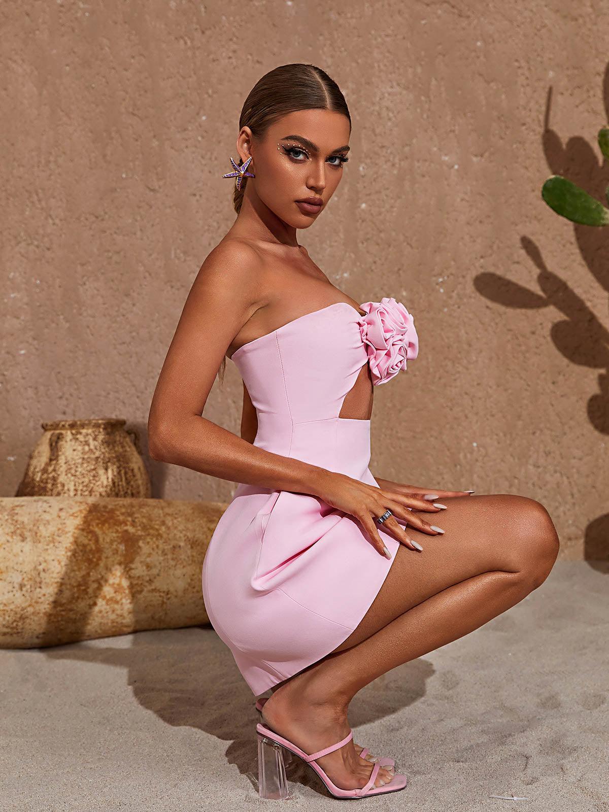 Satin Rosette Cutout Strapless A-Line Mini Dress 3