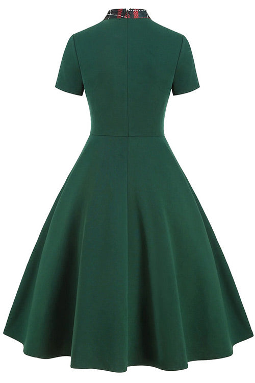 Plaid Panel Bow-Neck Short-Sleeve A-Line Swing Dress