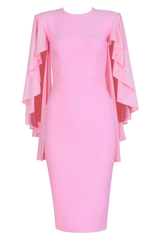 Crew Neck Flared Cape Sleeve Bodycon Midi Dress