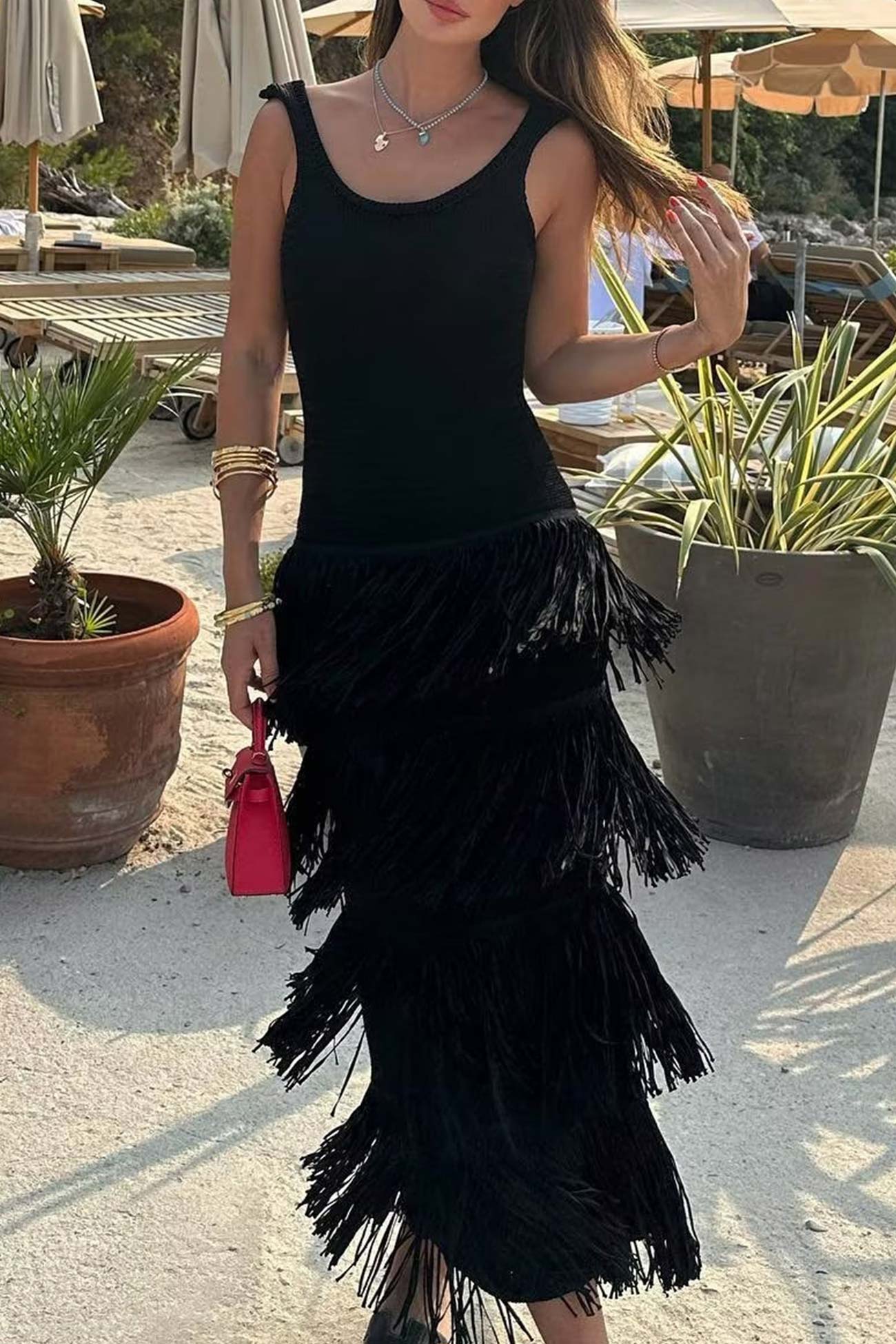 Knit Fringe Tiered Tank Dress