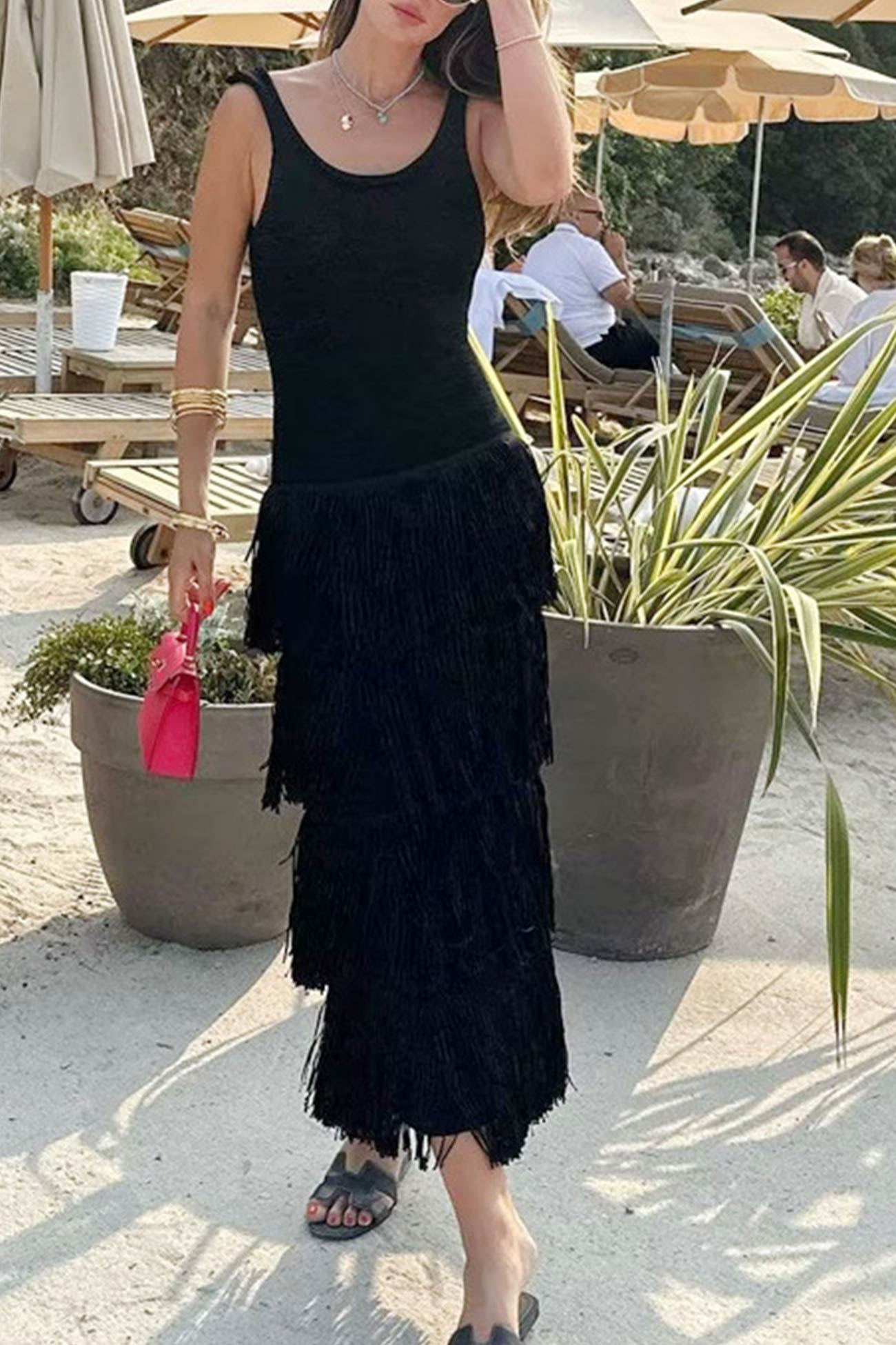 Knit Fringe Tiered Tank Dress