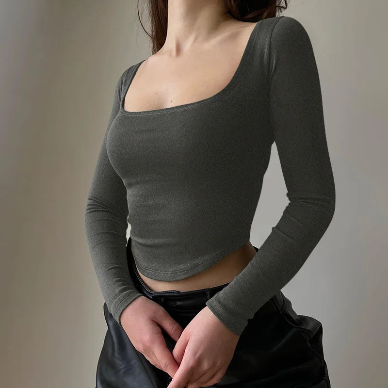 Casual U-neck Sexy Crop Short Long Sleeve Knit Top