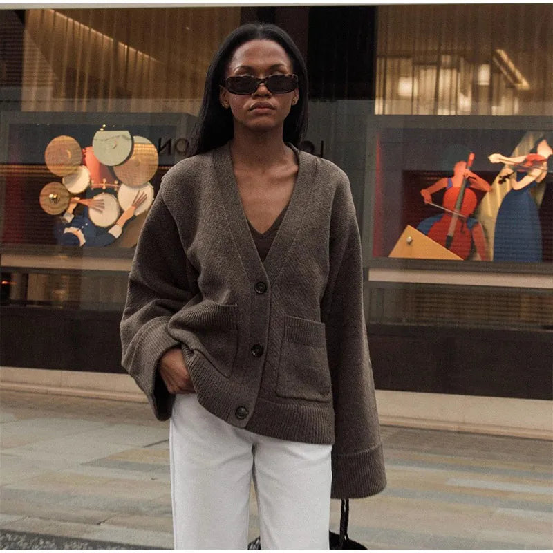 V-neck Pocket Long Sleeve Cardigan