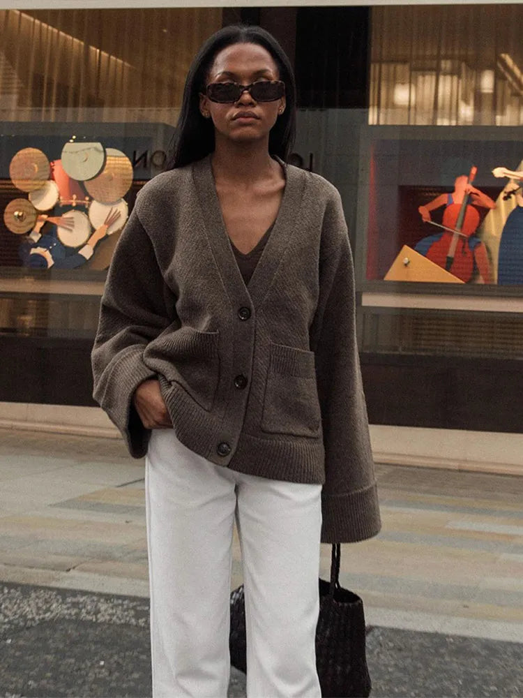 V-neck Pocket Long Sleeve Cardigan
