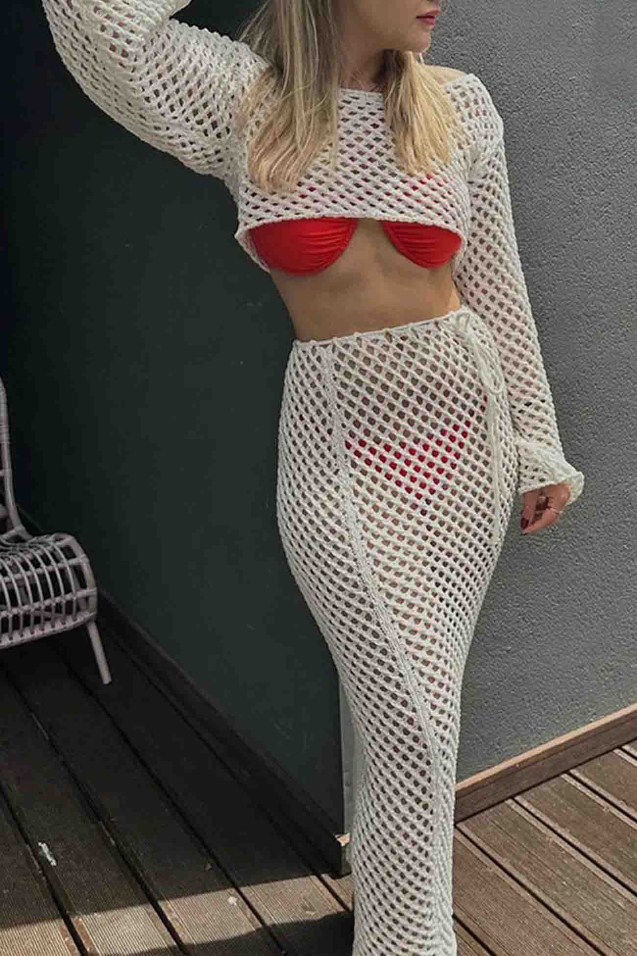 Knitted Cutout Cover Up Off Shoulder Skirt Set