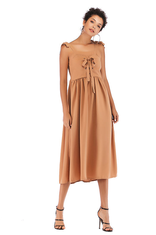 Knot Strap Lace-up Front Chiffon Dress - Mislish