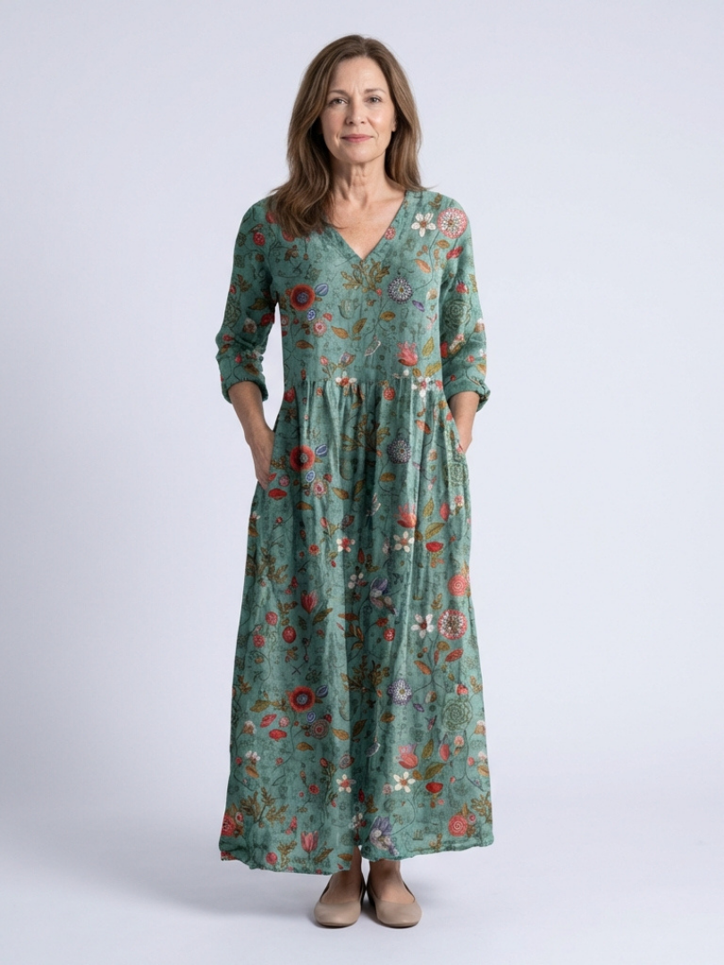 Floral V-Neck Tiered Pocket Maxi Dress