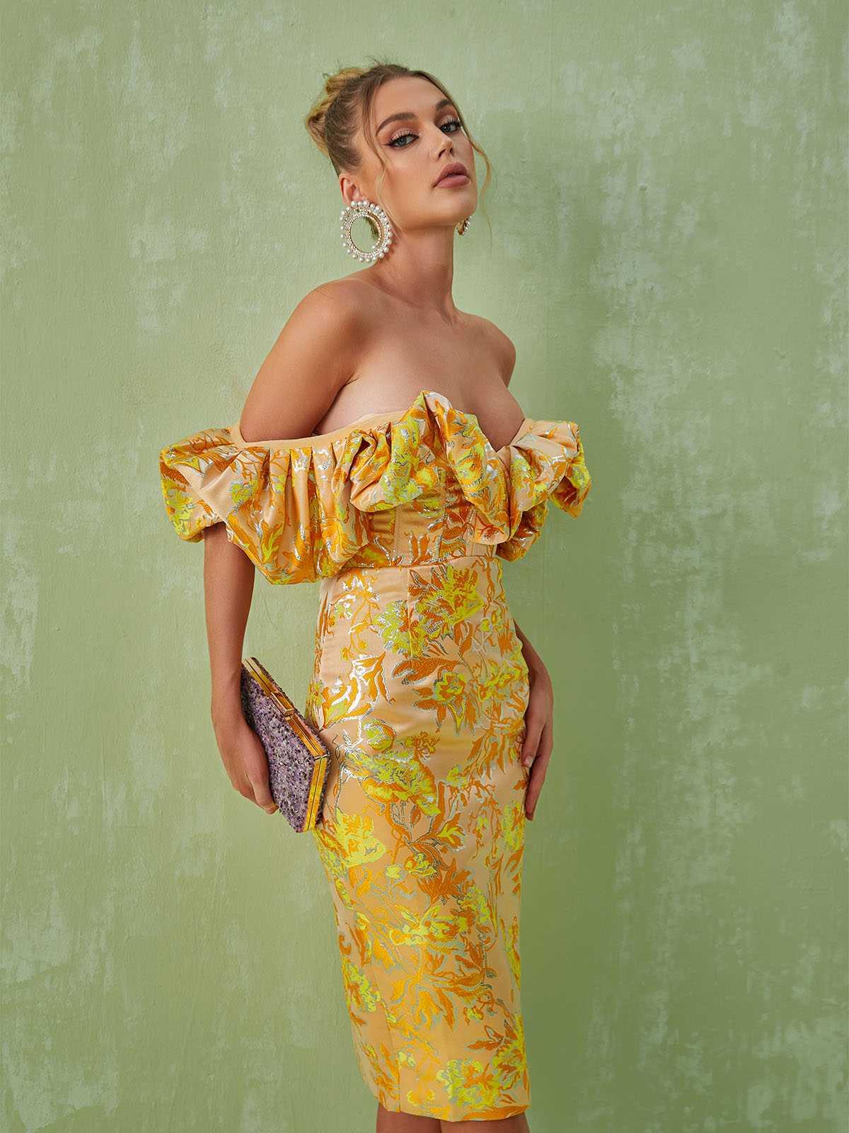 Floral Jacquard Off Shoulder Puff Sleeve Corset Bodycon Midi Dress - View 3