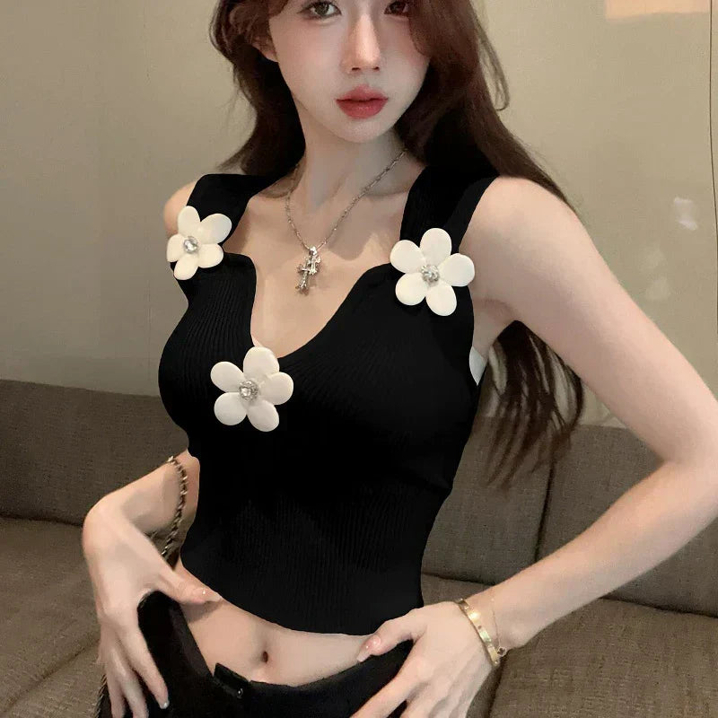 Korean 3D Floral Deep V-Neck Stretchy Crop Top