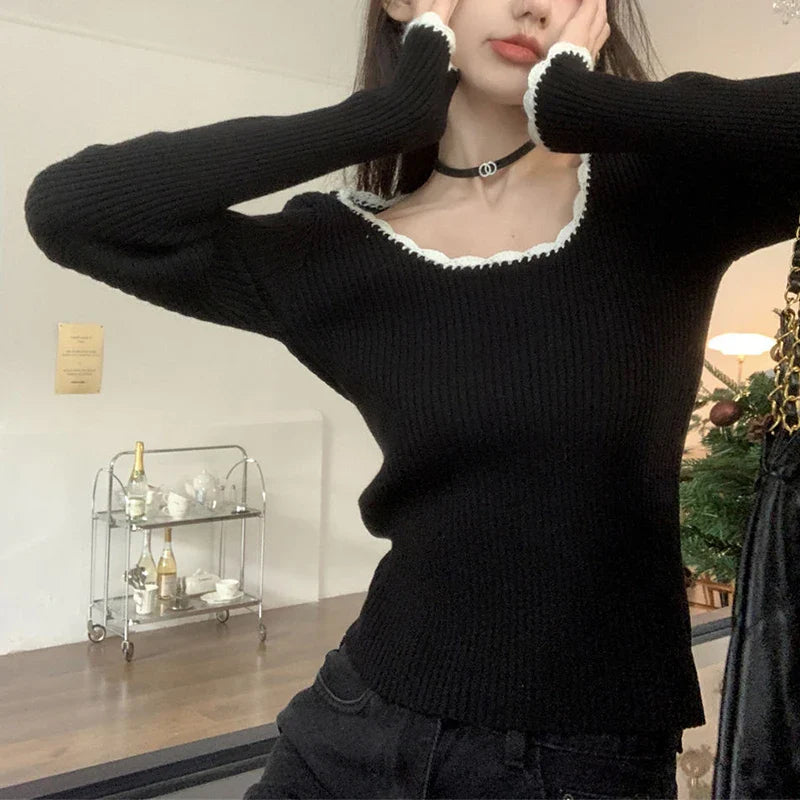 Cute O Neck Long Sleeve Slim Fit Knitted Crop Top