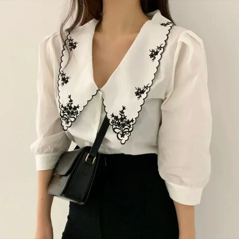 Puff Long Sleeve Floral Embroidery Blouse