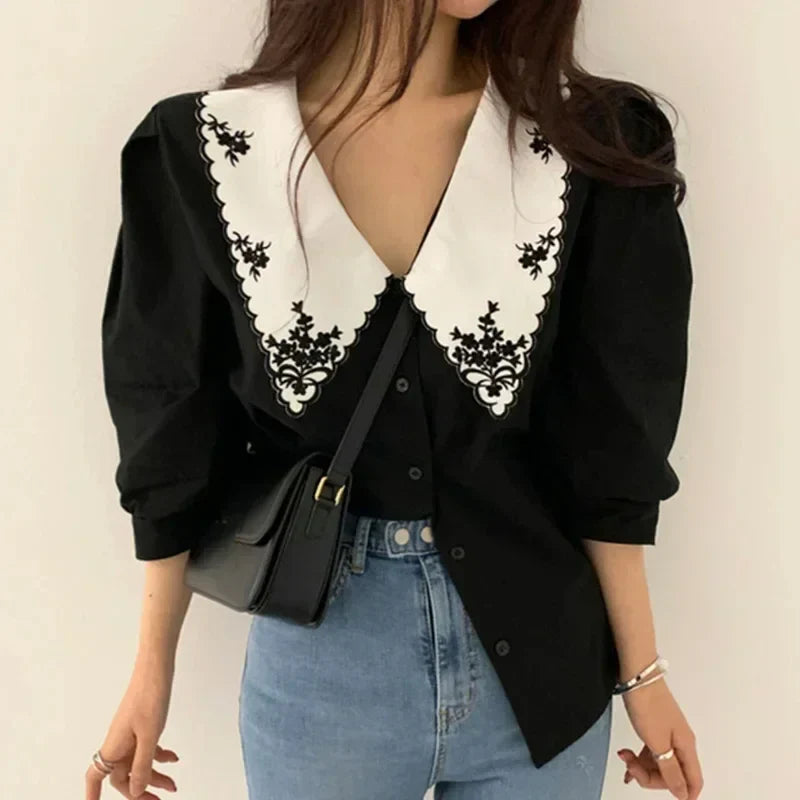 Puff Long Sleeve Floral Embroidery Blouse