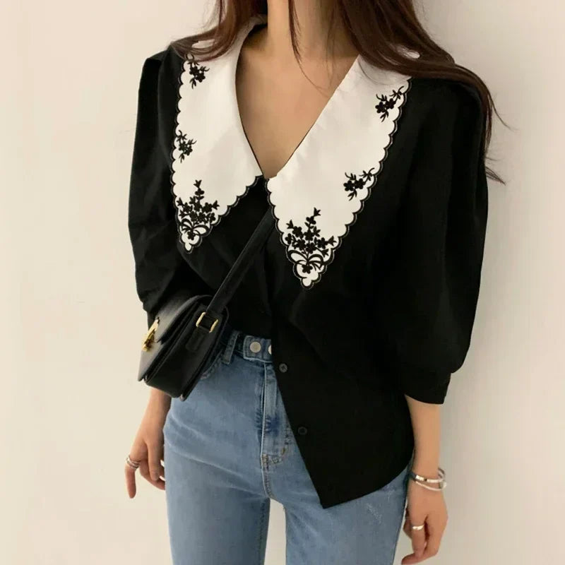Puff Long Sleeve Floral Embroidery Blouse