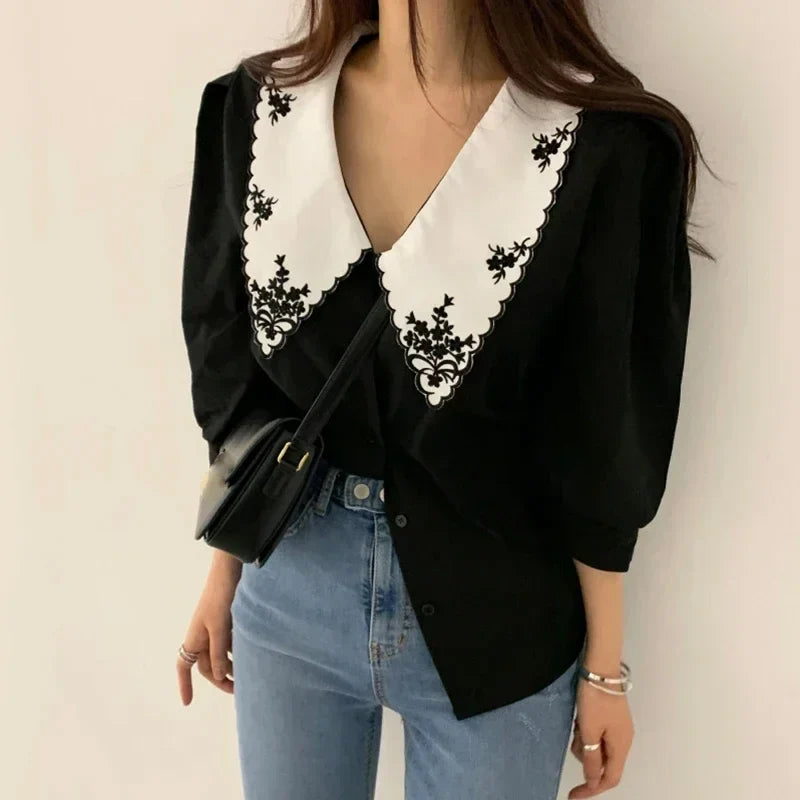 Puff Long Sleeve Floral Embroidery Blouse
