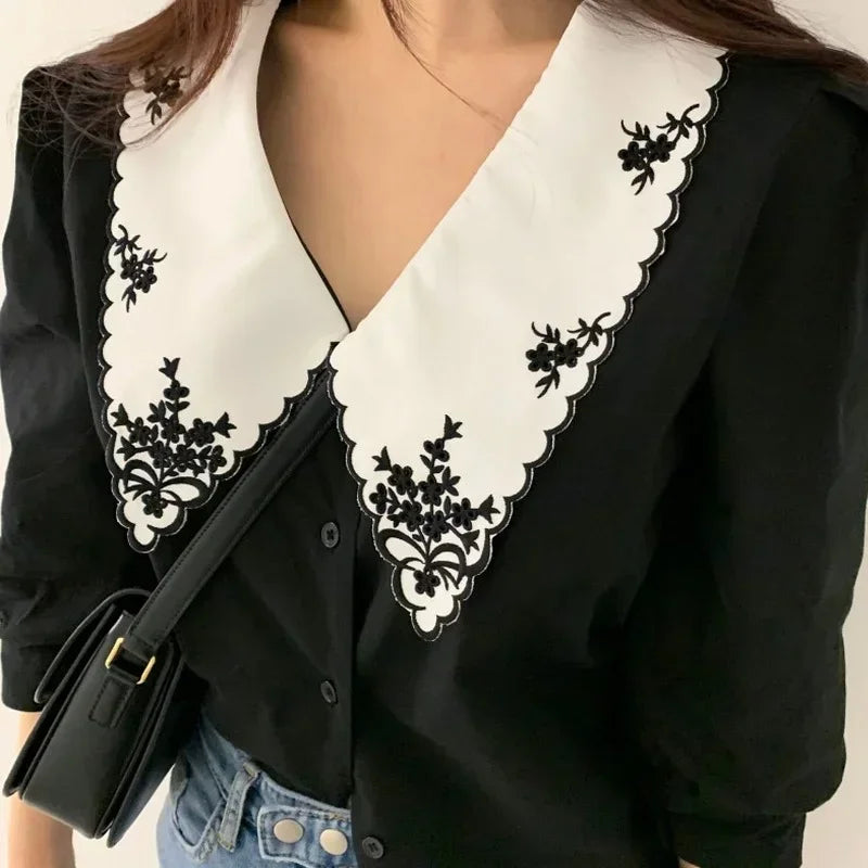 Puff Long Sleeve Floral Embroidery Blouse