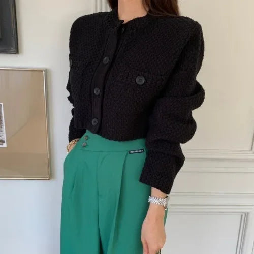 Pocket Cropped Solid O-Neck Knit Cardigan