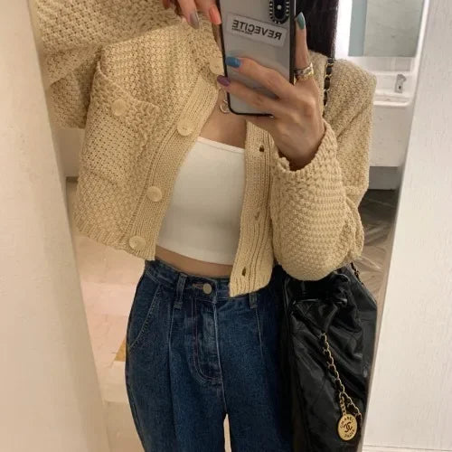 Pocket Cropped Solid O-Neck Knit Cardigan