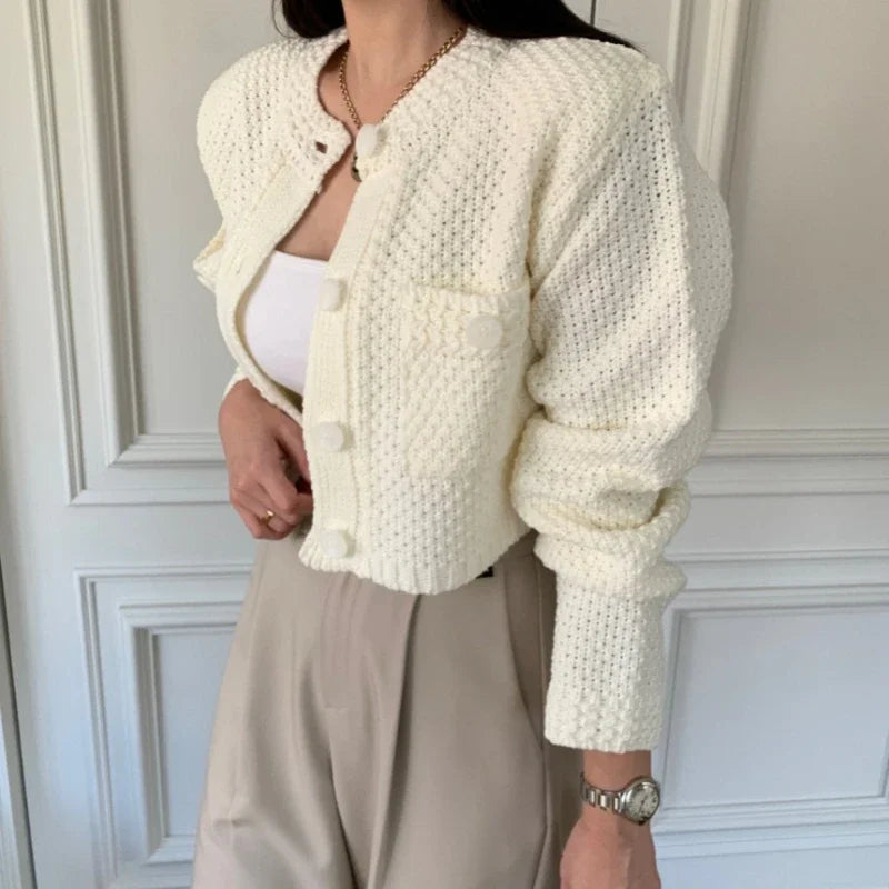 Pocket Cropped Solid O-Neck Knit Cardigan