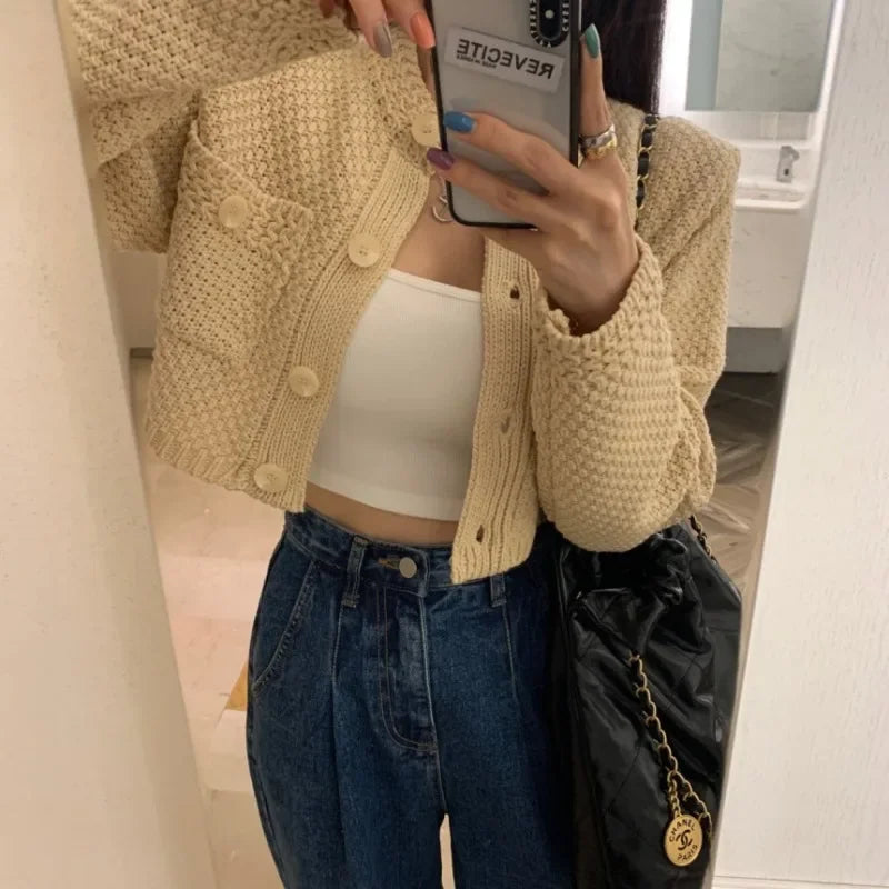 Pocket Cropped Solid O-Neck Knit Cardigan