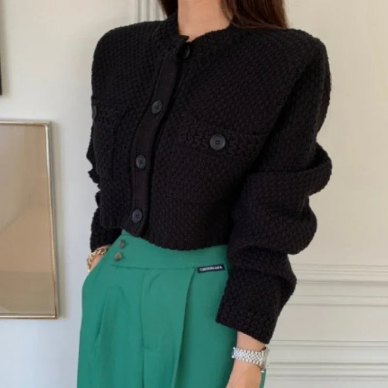 Pocket Cropped Solid O-Neck Knit Cardigan