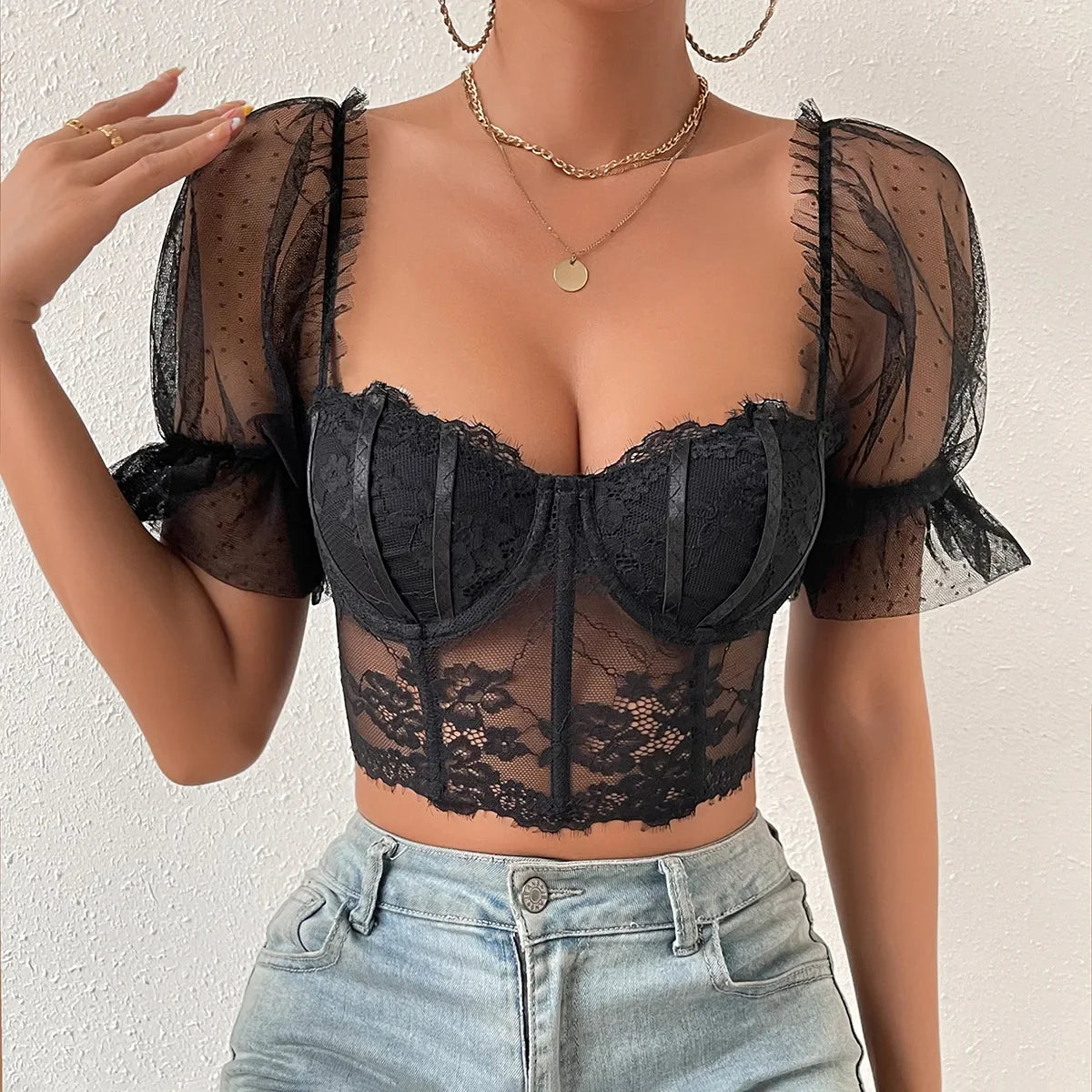 Korean Mesh Sheer Puff Sleeve Lace Crop Top