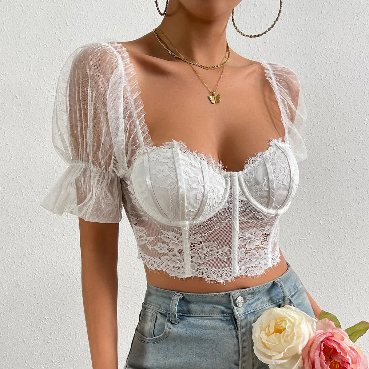 Korean Mesh Sheer Puff Sleeve Lace Crop Top