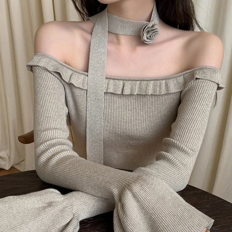 Off Shoulder Knit Crop Long Flare Sleeve Ruffle Trim Knit Top - Fashionpara