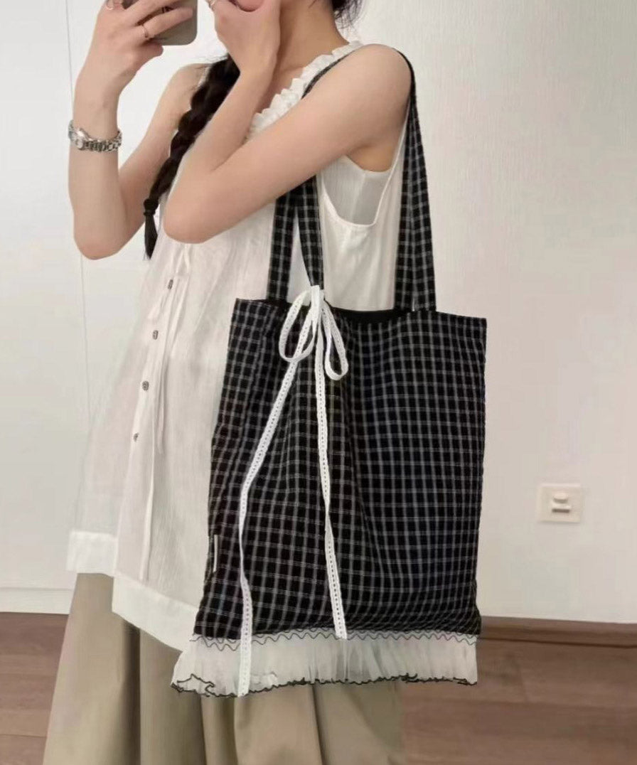 Korean Black Lace Patchwork Cotton Shoulder Bag