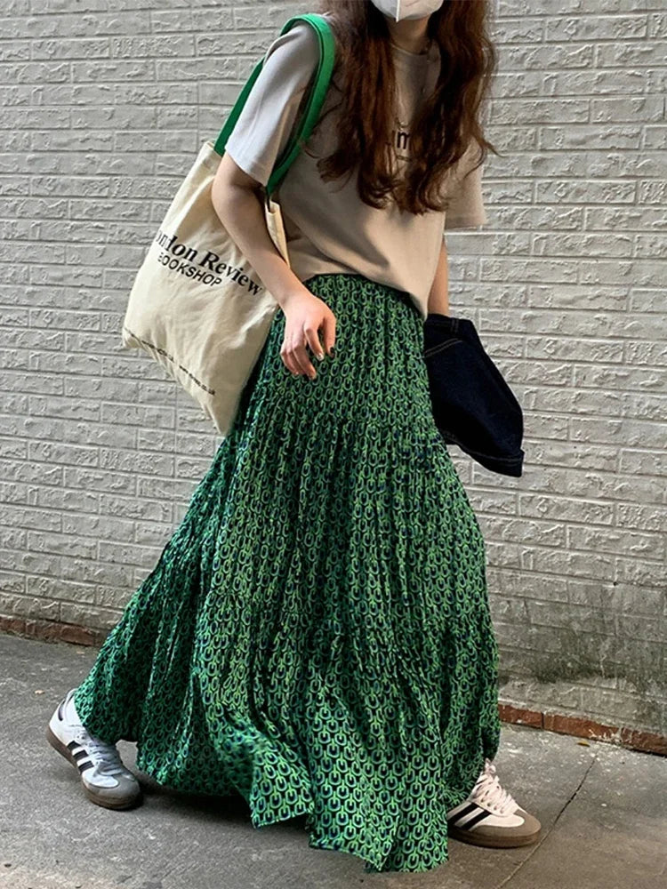 Korean Style Casual Classic Ladies Maxi Floral Skirt Loose A-line