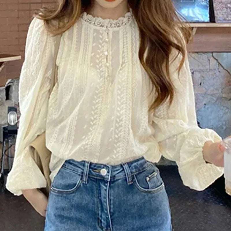 Embroidered Apricot Puff Sleeve Blouse