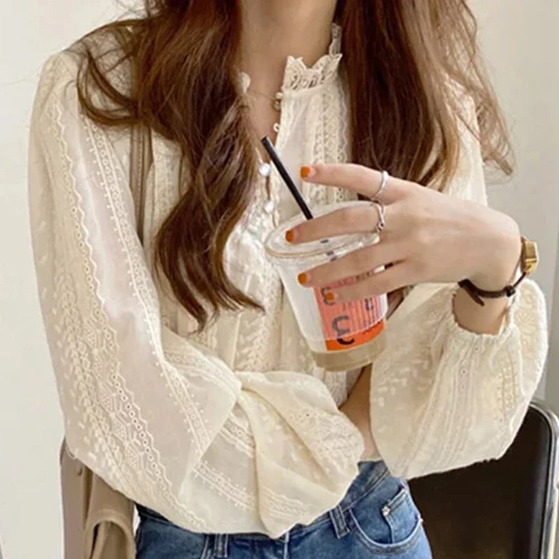 Embroidered Apricot Puff Sleeve Blouse