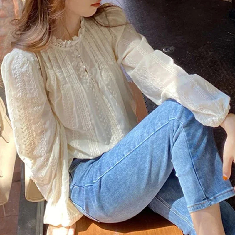 Embroidered Apricot Puff Sleeve Blouse