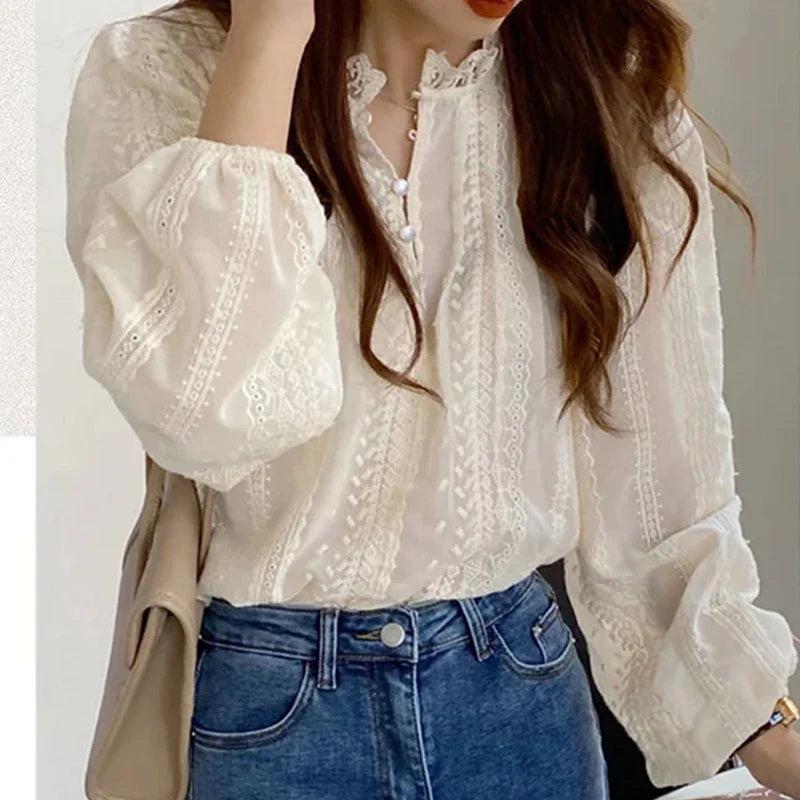 Embroidered Apricot Puff Sleeve Blouse