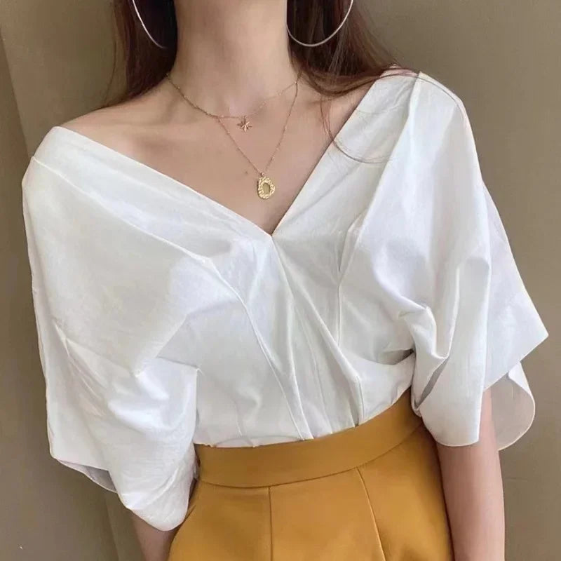 Korean Ruffle Design V-neck Short Sleeve Casual Blouse