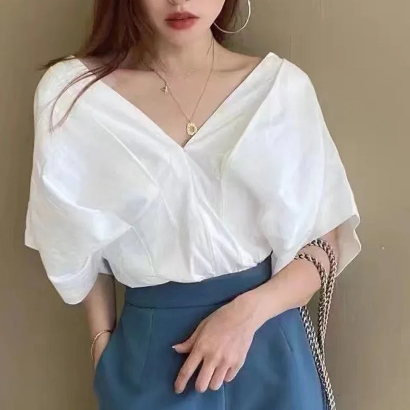 Korean Ruffle Design V-neck Short Sleeve Casual Blouse