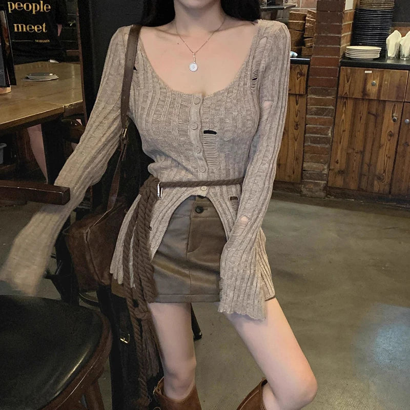 Vintage Knitted Spring Long Sleeve Button Closure Slim Knit Top