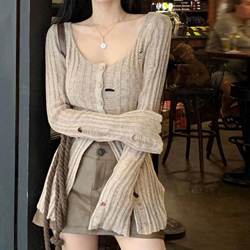 Vintage Knitted Spring Long Sleeve Button Closure Slim Knit Top