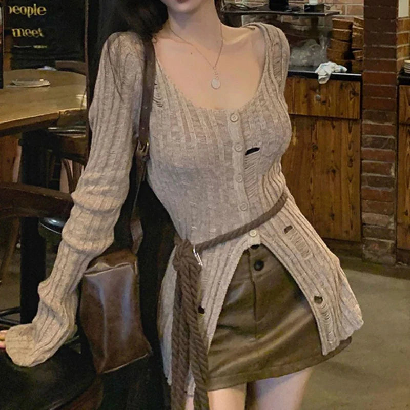Vintage Knitted Spring Long Sleeve Button Closure Slim Knit Top