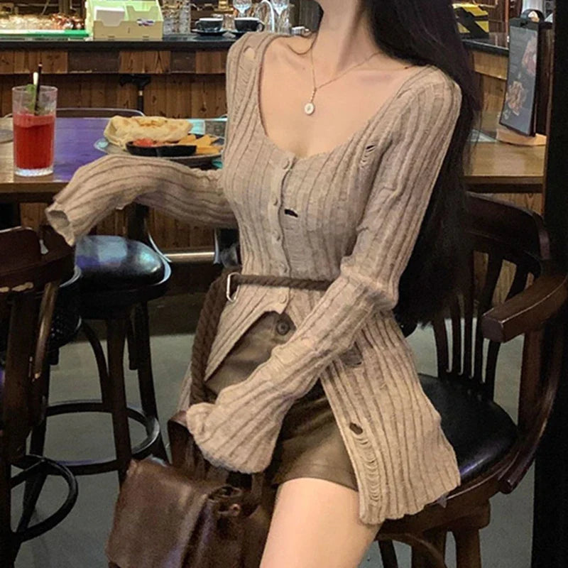 Vintage Knitted Spring Long Sleeve Button Closure Slim Knit Top