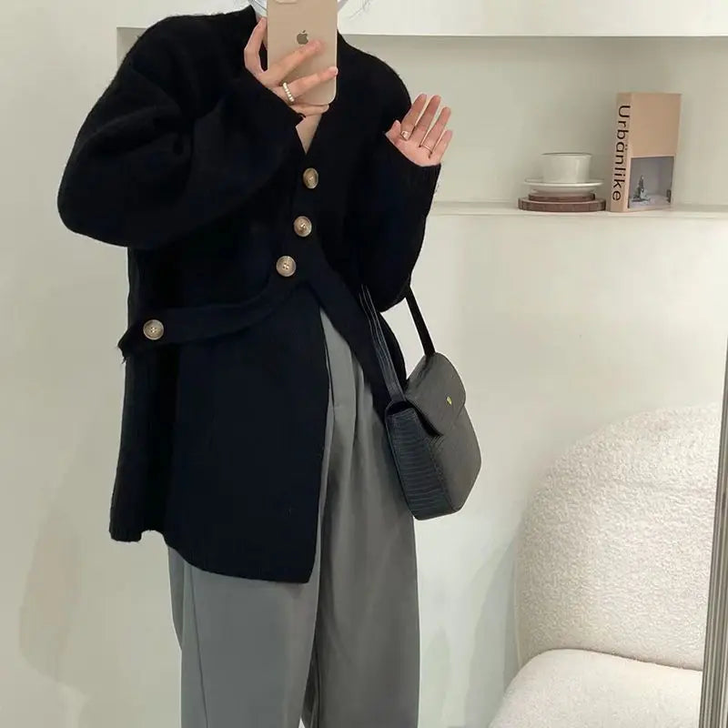 V-Neck Solid Simplicity Office Lady Autumn Knit Cardigan