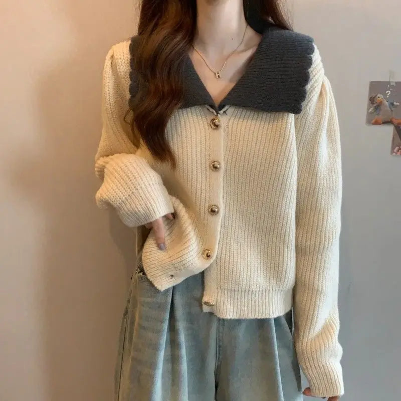 Doll Neck Single Breasted Loose Knit Cardigan
