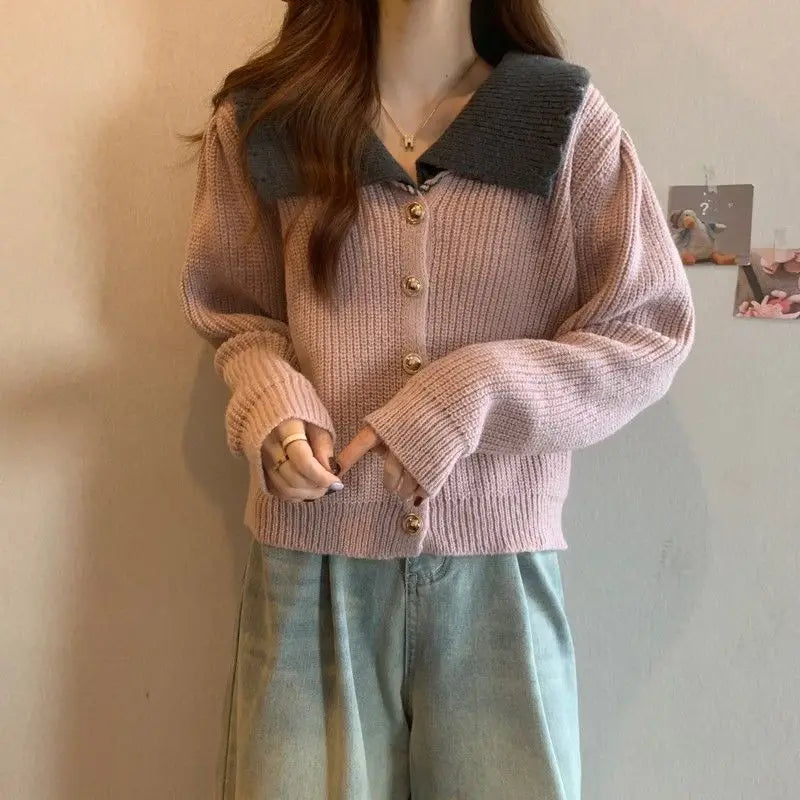 Doll Neck Single Breasted Loose Knit Cardigan