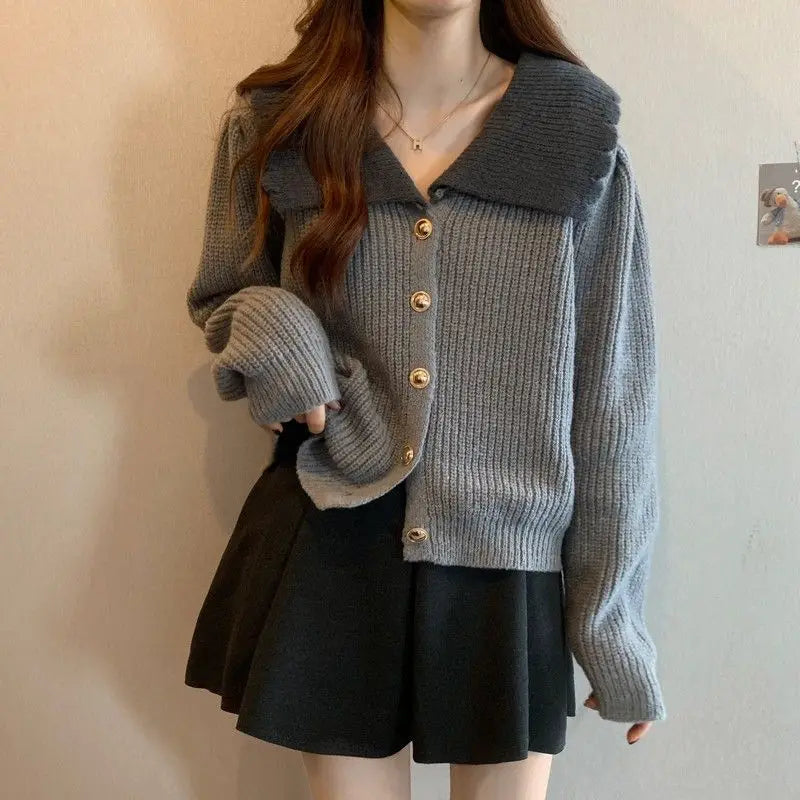 Doll Neck Single Breasted Loose Knit Cardigan