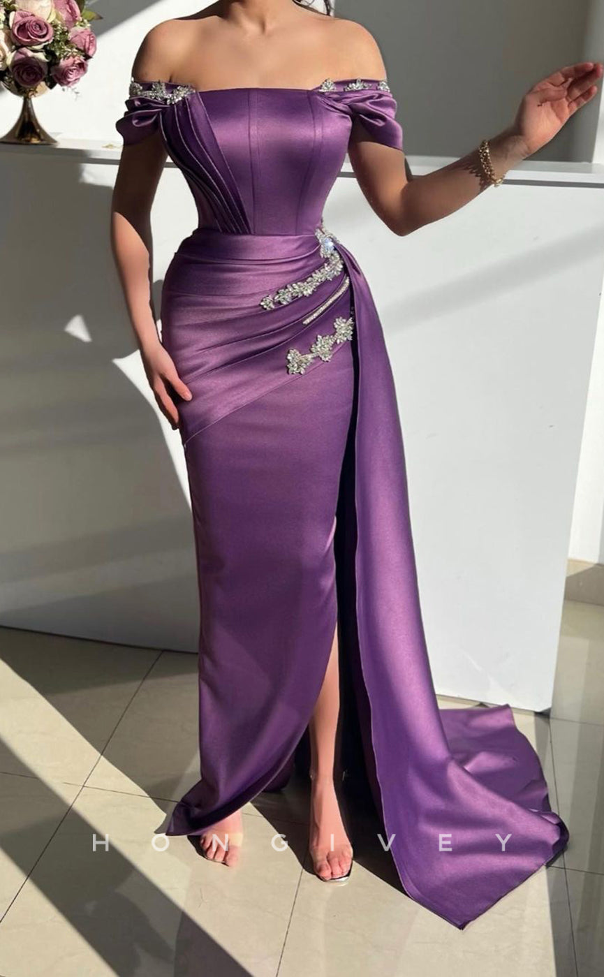 L0951 - Ornate Crystal Beaded Embellished With Train And Slit Evening Party Prom Dress - Fashionpara