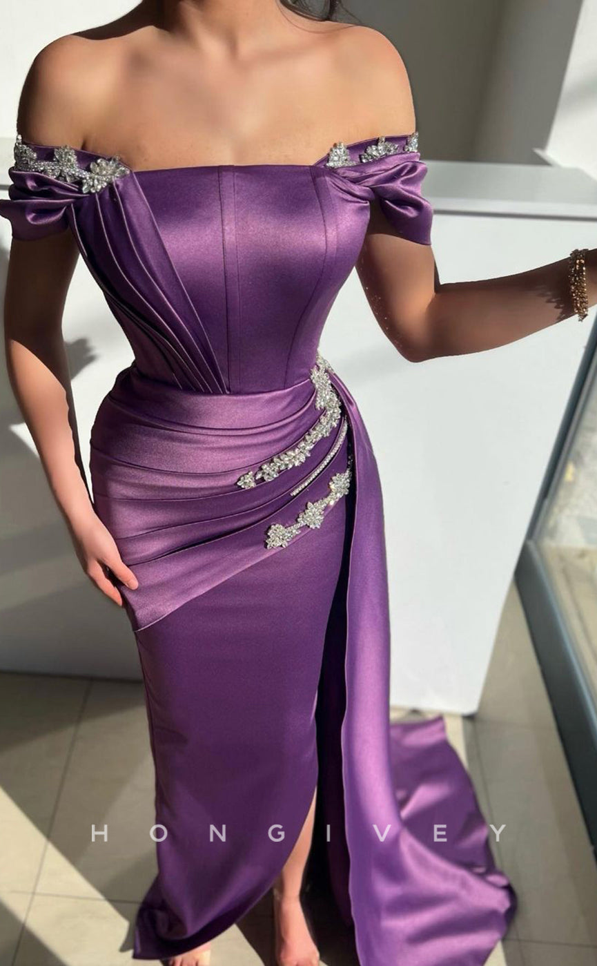 L0951 - Ornate Crystal Beaded Embellished With Train And Slit Evening Party Prom Dress - Fashionpara
