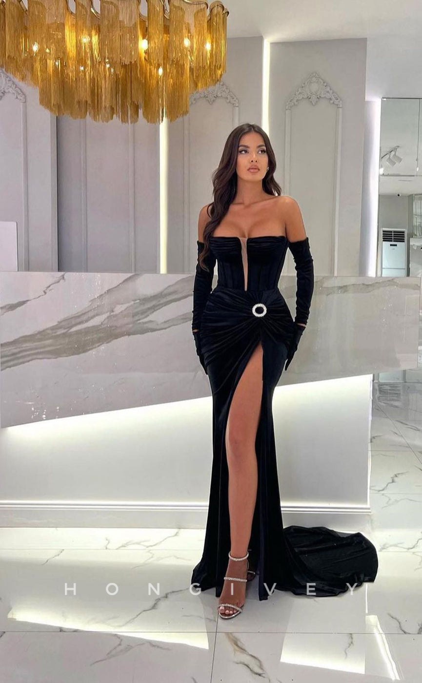 L0954 - Sexy Plunging Illusion With Train And High Slit Formal Evening Party Prom Dress - Fashionpara