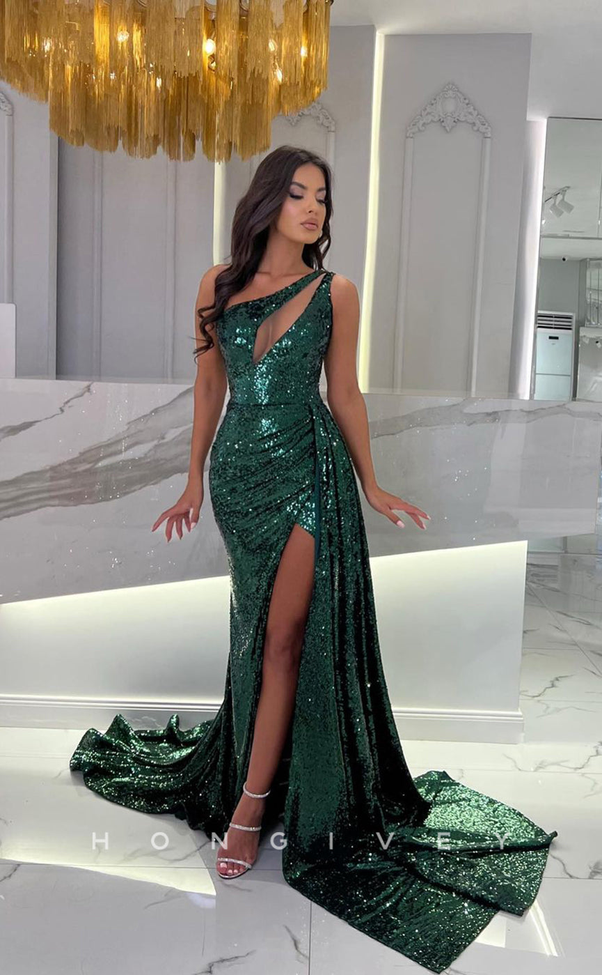 L0961-  Ornate Sparkly Fully Sequined Cutout With Train And Slit Evening Party Prom Formal Dress - Fashionpara