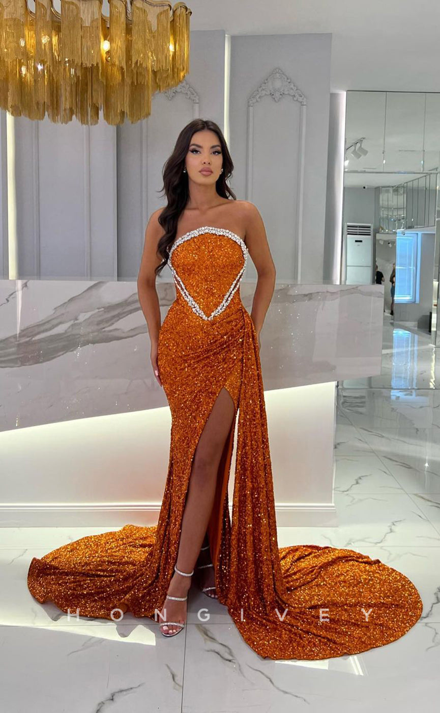 L0963 - Fully Sequined Rhinestone Embellished With Train And High Slit Formal Evening Party Prom Dress - Fashionpara