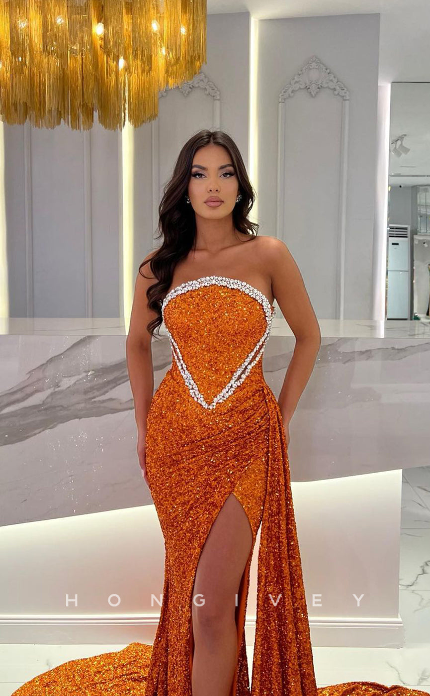 L0963 - Fully Sequined Rhinestone Embellished With Train And High Slit Formal Evening Party Prom Dress - Fashionpara